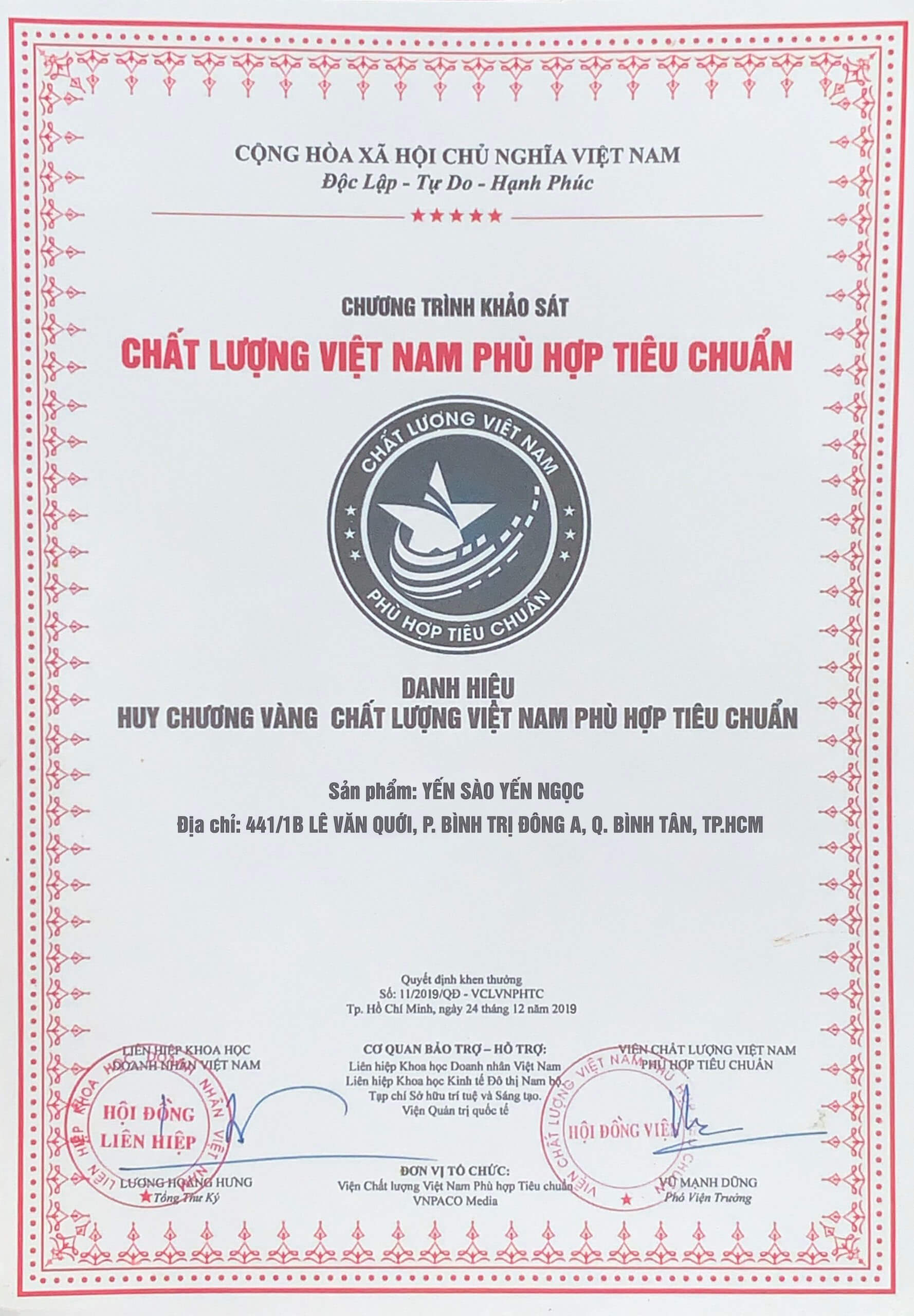 huy chương vàng chất lượng Việt Nam 2019